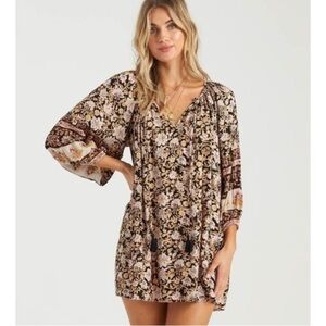 Billabong Gypset Floral Tassel V-Neck Tunic Boho Chic Mini Swing Peasant Dress